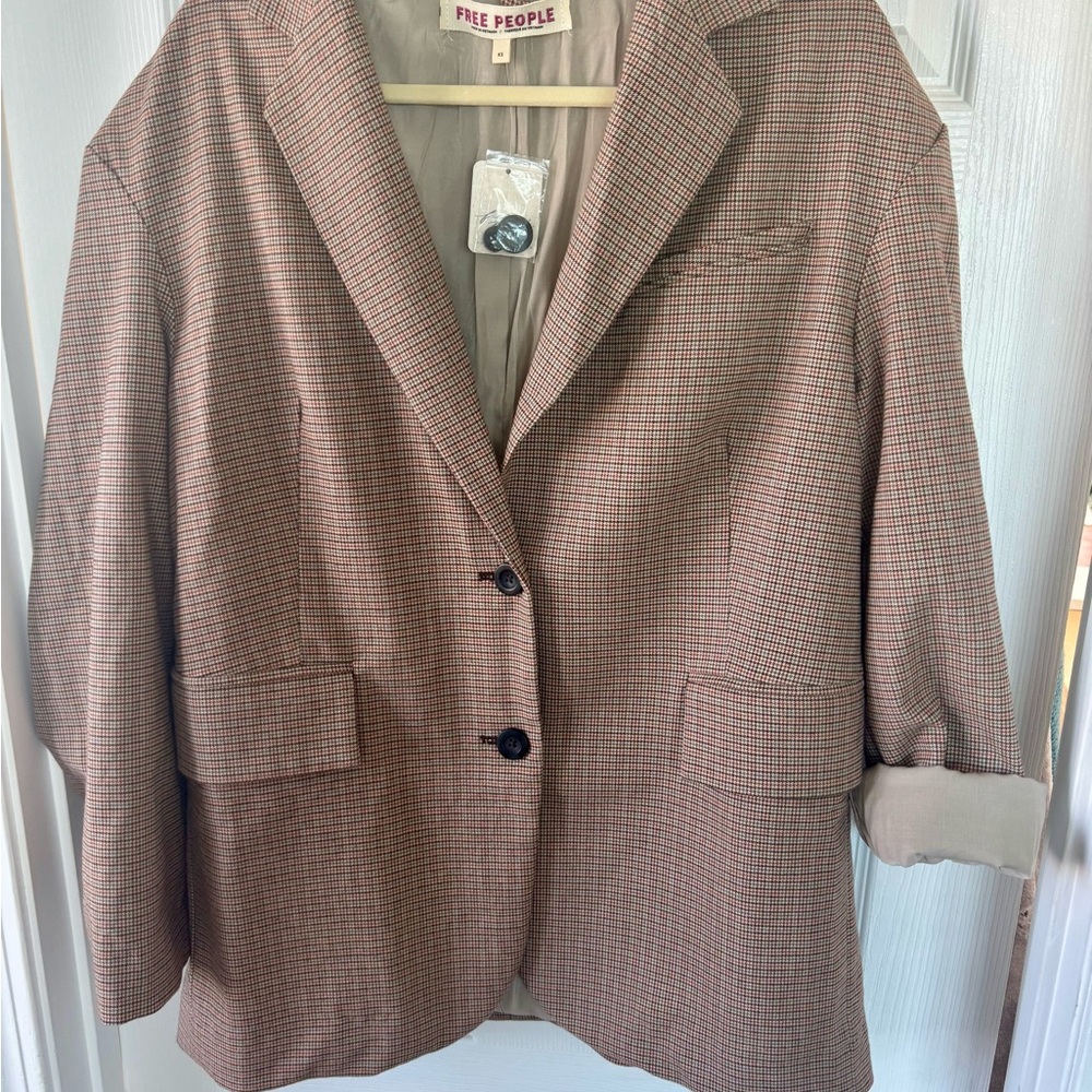 Free People Taupe and Pink Glen Plaid Single-Breasted Blazer